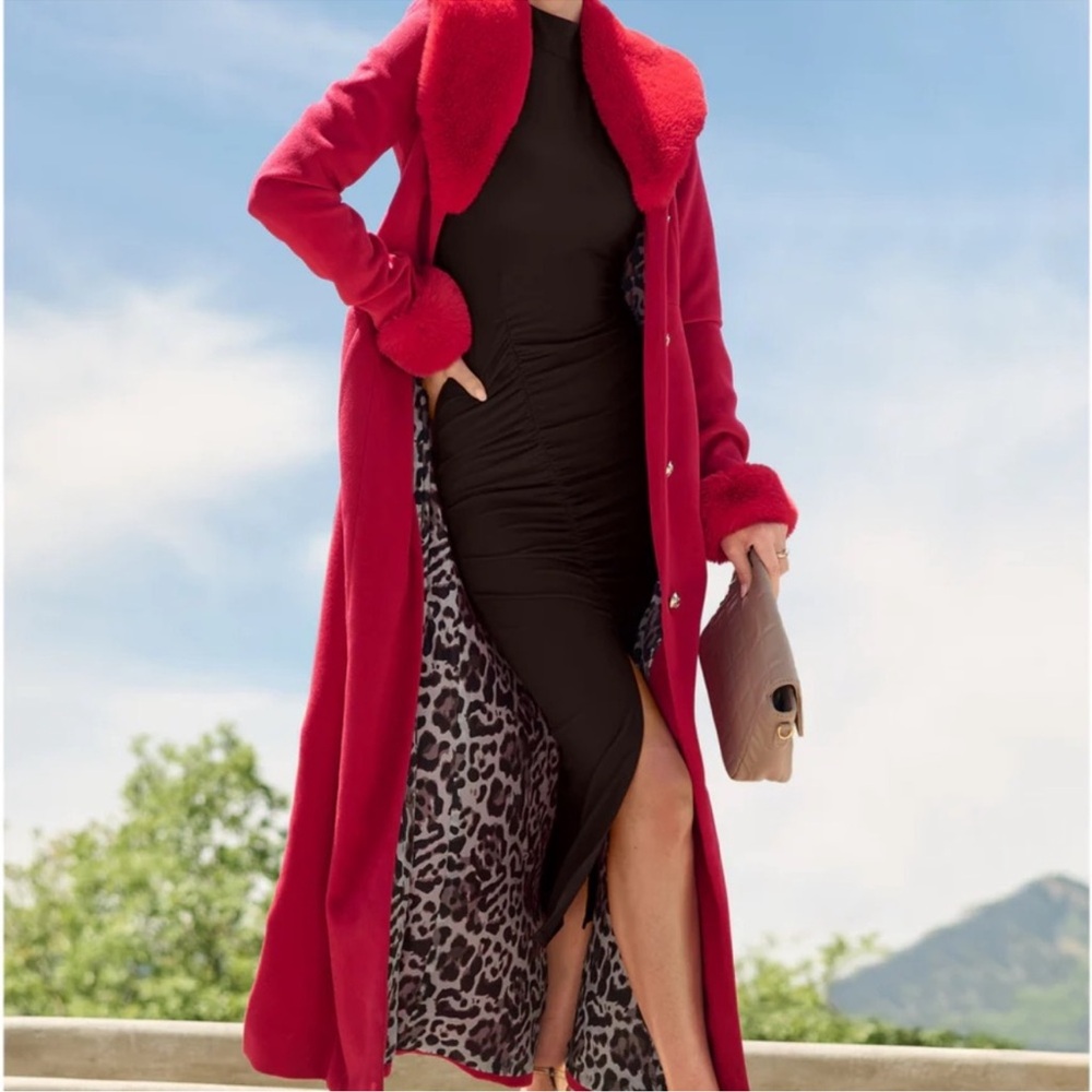 VENUS Red Trench Coat with Leopard Lining